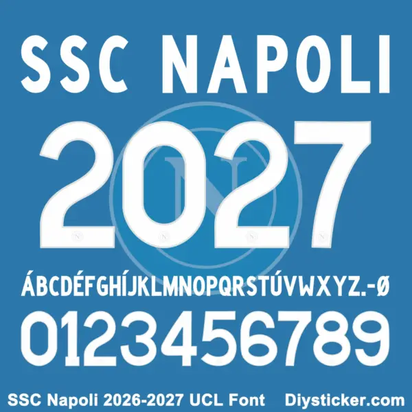 ssc-napoli-2026-2027-ucl-font-download White uppercase alphabet and number character map sheet for SSC Napoli 2026-2027 UCL font on azure blue shirt