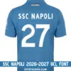 ssc-napoli-2026-2027-ucl-font-home-jersey-effect SSC Napoli 2026-2027 UCL font applied on azure home jersey back showing white SSC NAPOLI text and number 27