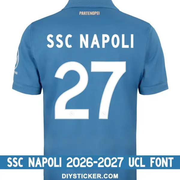 ssc-napoli-2026-2027-ucl-font-home-jersey-effect SSC Napoli 2026-2027 UCL font applied on azure home jersey back showing white SSC NAPOLI text and number 27