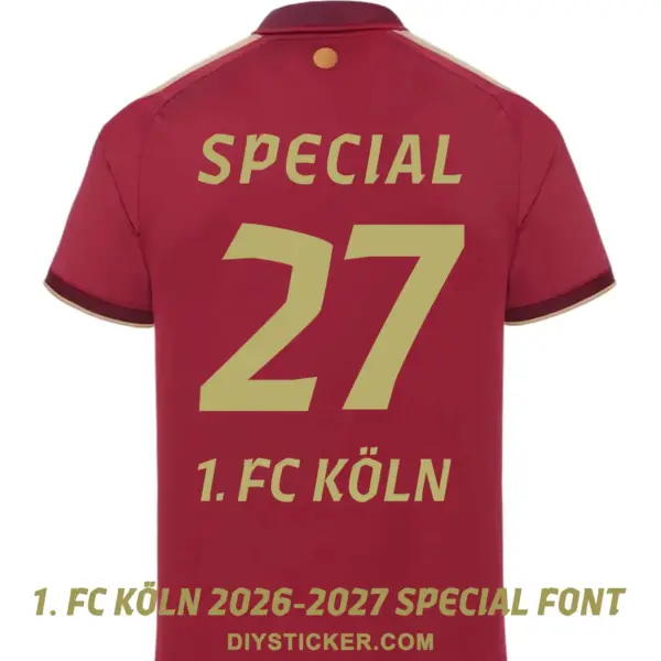 1-fc-köln-2026-2027-special-font-jersey-effect Back view of dark red jersey with 1. FC Köln 2026-2027 special font printing number 27