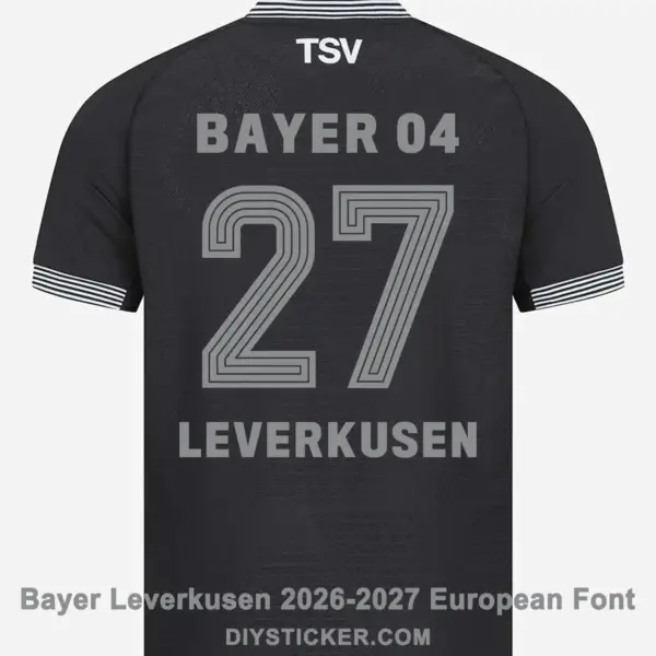 bayer-leverkusen-2026-2027-european-font-application-effect Back view preview of dark jersey printed with Bayer Leverkusen 2026-2027 European font BAYER 04 27 LEVERKUSEN