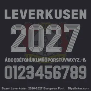 bayer-leverkusen-2026-2027-european-font-download Bayer Leverkusen 2026-2027 European font character map featuring grey block letters and 3D multi-line numbers