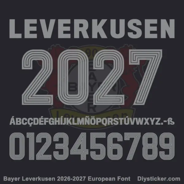 bayer-leverkusen-2026-2027-european-font-download Bayer Leverkusen 2026-2027 European font character map featuring grey block letters and 3D multi-line numbers