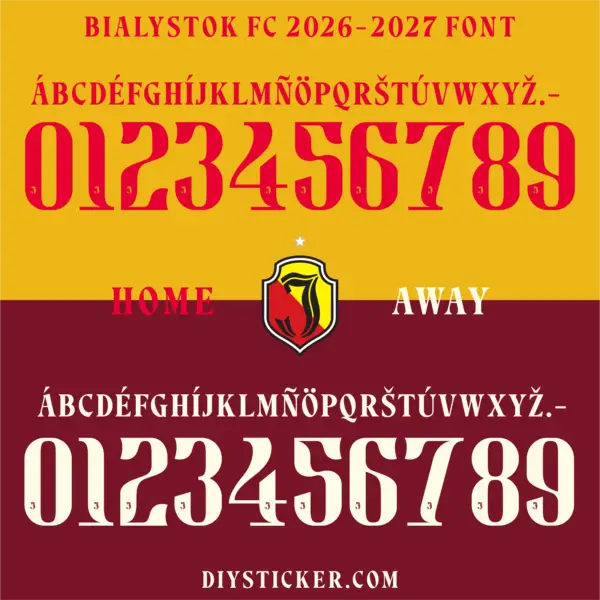 bialystok-fc-2026-2027-font Jagiellonia Bialystok 2026-2027 font colorways showing red home and cream-white away kit letter sets with club shield