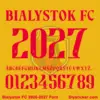 bialystok-fc-2026-2027-font-download Bialystok FC 2026-2027 font character map featuring red serif uppercase alphabet and numbers on yellow background
