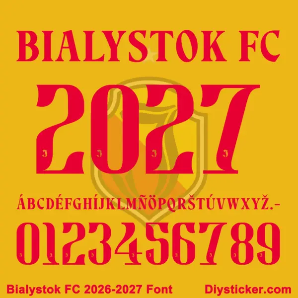 bialystok-fc-2026-2027-font-download Bialystok FC 2026-2027 font character map featuring red serif uppercase alphabet and numbers on yellow background