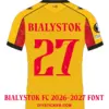 bialystok-fc-2026-2027-font-jersey-effect Back view preview of yellow-red Jagiellonia Bialystok 2026-2027 jersey printed with red BIALYSTOK nameplate and number 27