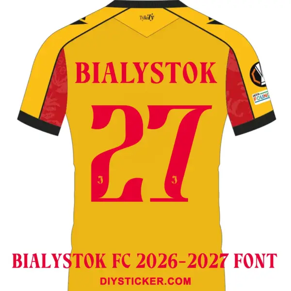 bialystok-fc-2026-2027-font-jersey-effect Back view preview of yellow-red Jagiellonia Bialystok 2026-2027 jersey printed with red BIALYSTOK nameplate and number 27