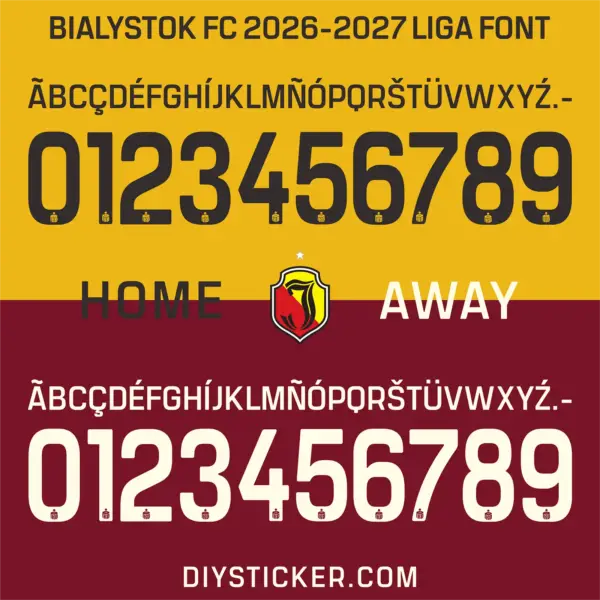 bialystok-fc-2026-2027-liga-font Jagiellonia Bialystok 2026-2027 league font colorways showing black home and cream-white away kit letter sets with shield