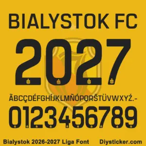 Bialystok FC 2026-2027 Liga font character map featuring black sans-serif alphabet and numbers on yellow background