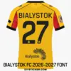 bialystok-fc-2026-2027-liga-font-jersey-effect Back view preview of yellow Jagiellonia Bialystok 2026-2027 league jersey printed with black BIALYSTOK nameplate and number 27
