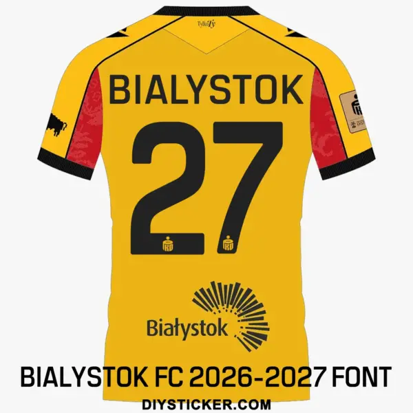 bialystok-fc-2026-2027-liga-font-jersey-effect Back view preview of yellow Jagiellonia Bialystok 2026-2027 league jersey printed with black BIALYSTOK nameplate and number 27