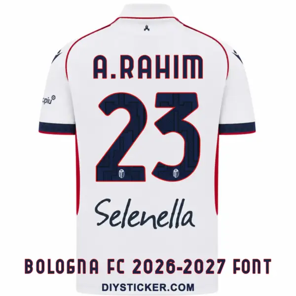 bologna-fc-2026-2027-font-away-jersey-effect Back view preview of white Bologna FC 2026-2027 away jersey printed with navy blue A. RAHIM nameplate and number 23