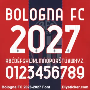 Bologna FC 2026-2027 Font character map featuring white uppercase alphabet and numbers on red blue stripes