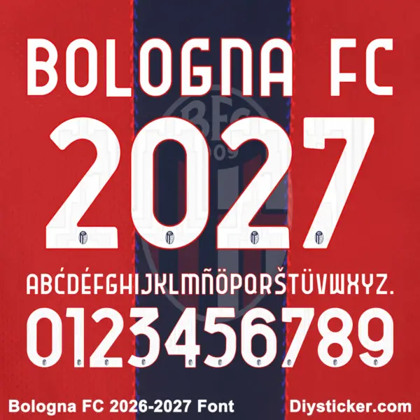 bologna-fc-2026-2027-font-download Bologna FC 2026-2027 Font character map featuring white uppercase alphabet and numbers on red blue stripes
