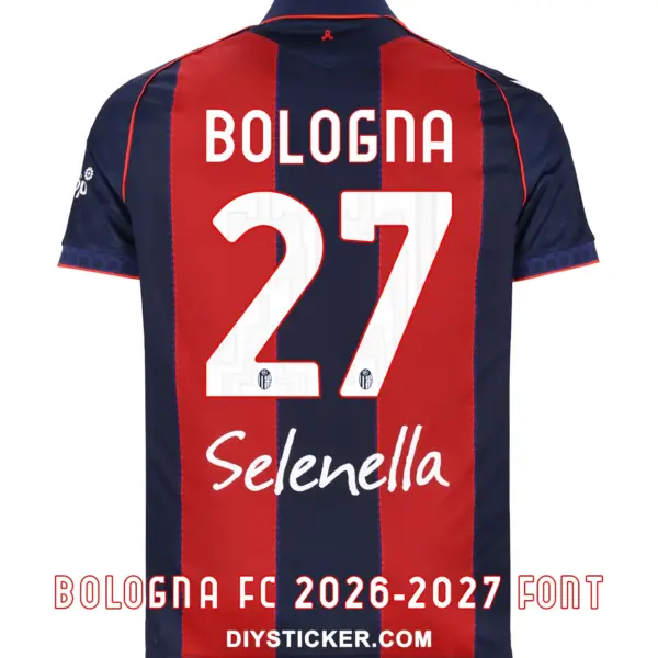 bologna-fc-2026-2027-font-jersey-effect Back view preview of Bologna FC 2026-2027 home jersey printed with white BOLOGNA nameplate and red outlined number 27