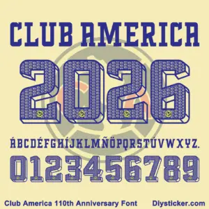 Club America 110th Anniversary font character map featuring blue 3D numbers with 110 pattern fill