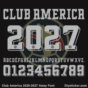 Club America 2026-2027 away font character map featuring silver grey 3D beveled alphabet and numbers on black