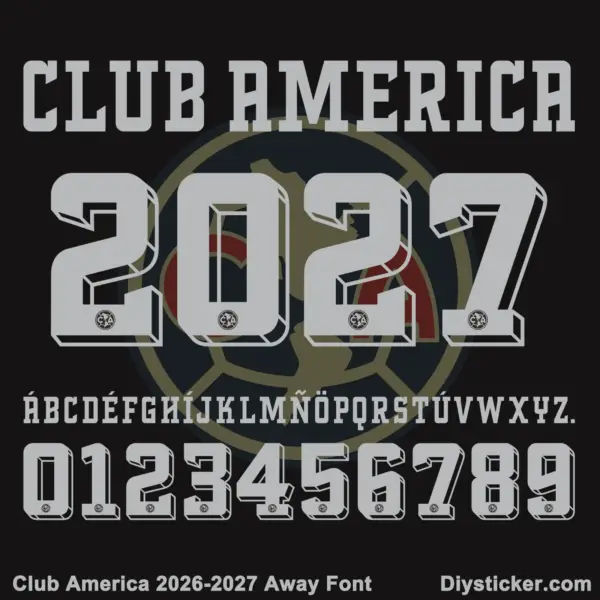 club-america-2026-2027-away-font-download Club America 2026-2027 away font character map featuring silver grey 3D beveled alphabet and numbers on black