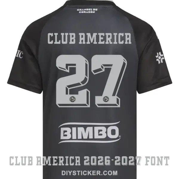 club-america-2026-2027-away-font-jersey-effect Rear view preview of dark Club America 2026-2027 away jersey printed with silver 3D CLUB AMERICA nameplate and number 27