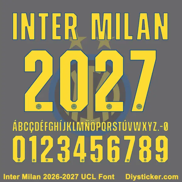 inter-milan-2026-2027-ucl-font-download Inter Milan 2026-2027 UCL font character map featuring yellow uppercase alphabet and numbers on grey