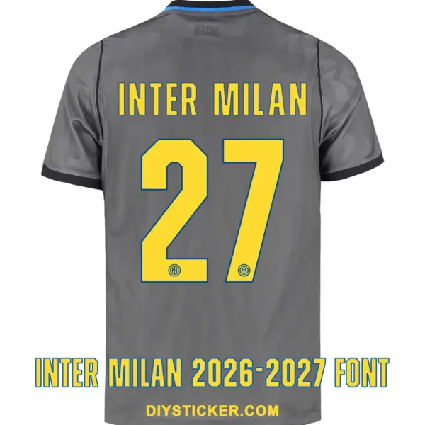 inter-milan-2026-2027-ucl-font-jersey-effect Back view preview of dark grey Inter Milan 2026-2027 UCL jersey printed with yellow INTER MILAN nameplate and number 27