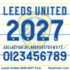 leeds-united-2026-2027-font-download Leeds United 2026-2027 font character map featuring blue block uppercase alphabet and numbers on white striped background
