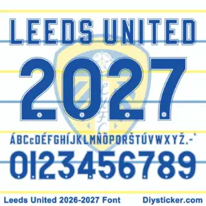 leeds-united-2026-2027-font-download Leeds United 2026-2027 font character map featuring blue block uppercase alphabet and numbers on white striped background