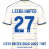 leeds-united-2026-2027-font-jersey-effect Back view preview of Leeds United 2026-2027 home jersey printed with blue LEEDS UNITED nameplate and number 27