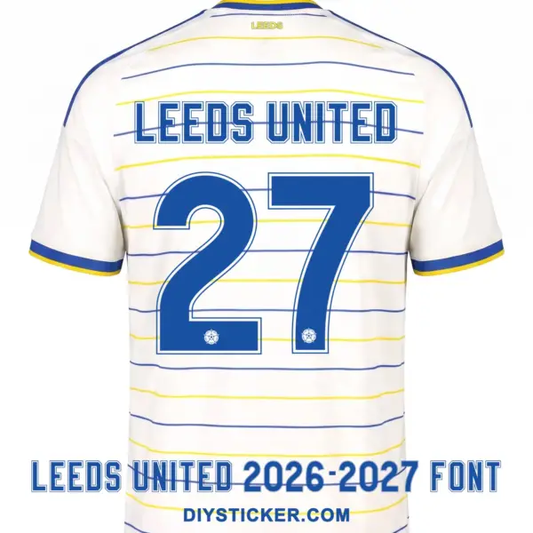 leeds-united-2026-2027-font-jersey-effect Back view preview of Leeds United 2026-2027 home jersey printed with blue LEEDS UNITED nameplate and number 27