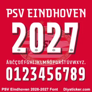 PSV Eindhoven 2026-2027 font character map featuring white condensed alphabet and numbers on red background