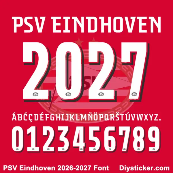 psv-eindhoven-2026-2027-font-downloads PSV Eindhoven 2026-2027 font character map featuring white condensed alphabet and numbers on red background