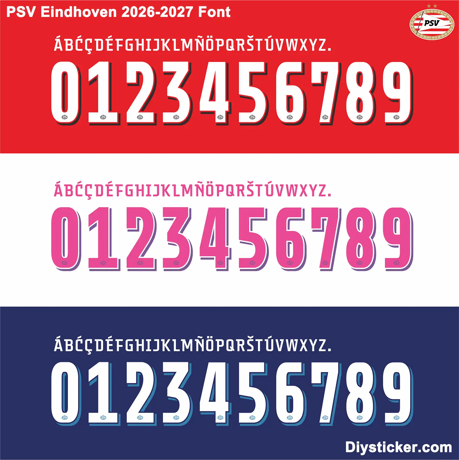 psv-eindhoven-2026-2027-font-home-away-third PSV Eindhoven 2026-2027 font colorways showing white home, pink away, and white sky blue third kit numbers