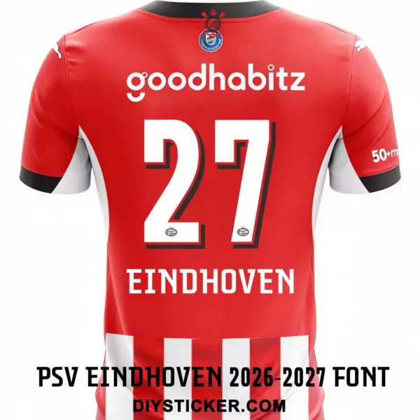 psv-eindhoven-2026-2027-font-jersey-effect Back view preview of PSV Eindhoven 2026-2027 home jersey printed with white EINDHOVEN nameplate and number 27