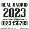 Black stencil uppercase alphabet and numbers for Real Madrid 2022-2023 font download with crest