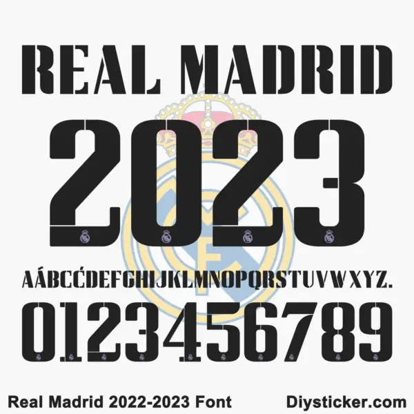 Black stencil uppercase alphabet and numbers for Real Madrid 2022-2023 font download with crest