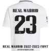 Back view of white jersey with Real Madrid 2022-2023 font printing number 23