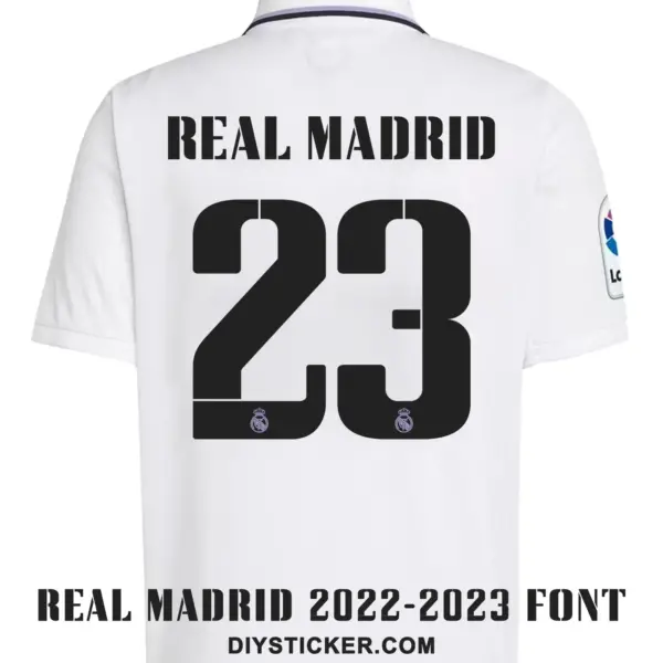 Back view of white jersey with Real Madrid 2022-2023 font printing number 23