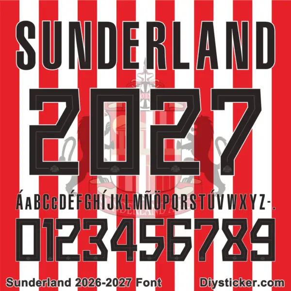 sunderland-2026-2027-font-download Sunderland AFC 2026-2027 jersey font character map featuring black condensed alphabet and numbers on red white stripes