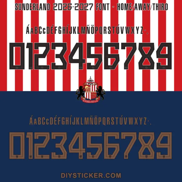 sunderland-2026-2027-font-home-away-third-kit Sunderland AFC 2026-2027 font colorways showing black home and bronze away third kit numbers on red stripes and navy