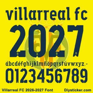Villarreal CF 2026-2027 font character map featuring navy lowercase alphabet and numbers on yellow