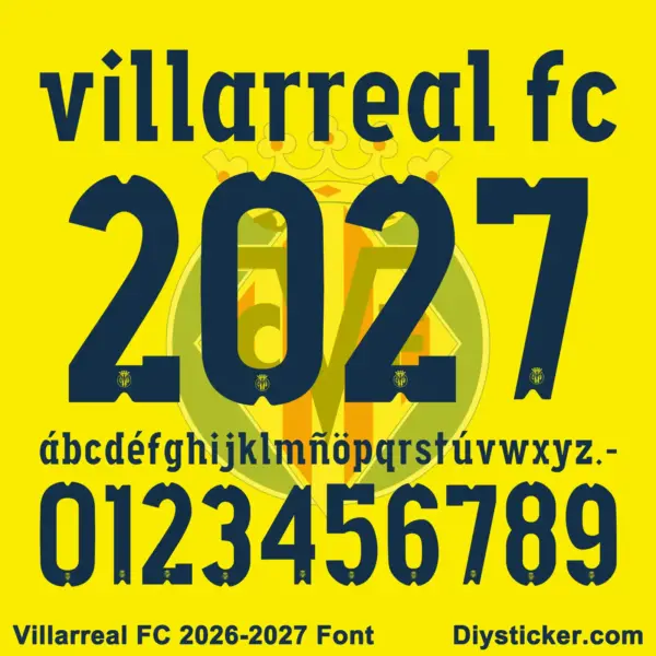 villarreal-2026-2027-font-download Villarreal CF 2026-2027 font character map featuring navy lowercase alphabet and numbers on yellow
