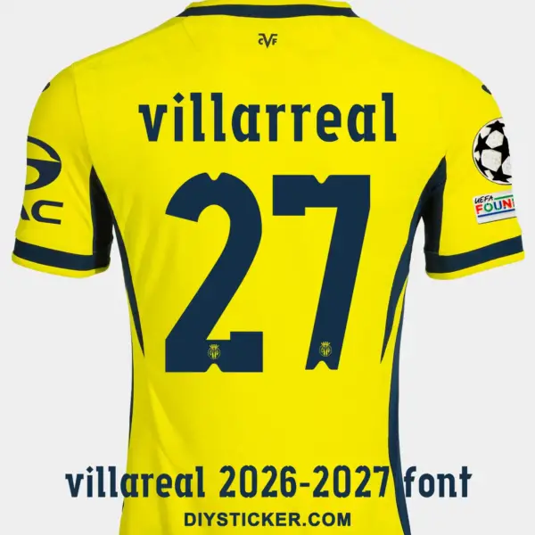 villarreal-2026-2027-font-jersey-effect Rear view preview of Villarreal 2026-2027 home jersey printed with dark navy lowercase font number 27