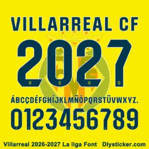 Villarreal CF 2026-2027 La Liga font character map featuring navy uppercase alphabet and numbers on yellow
