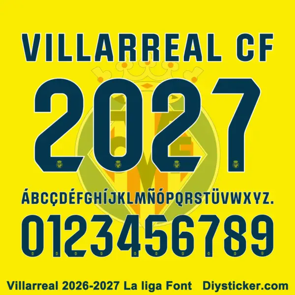 Villarreal CF 2026-2027 La Liga font character map featuring navy uppercase alphabet and numbers on yellow
