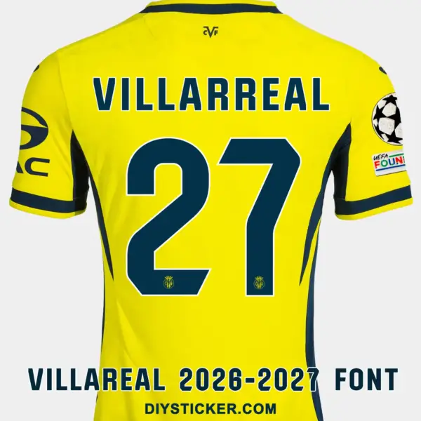 Back view preview of Villarreal 2026-2027 home jersey printed with dark navy La Liga uppercase font number 27