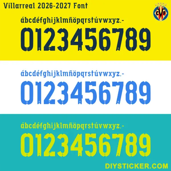 villarreal-cf-2026-27-font Villarreal CF 2026-2027 font colorways including navy blue, cyan sky blue, and yellow vector number variations
