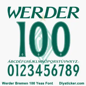 Werder Bremen 100 Years font character map featuring dark green flared uppercase alphabet and numbers on light background
