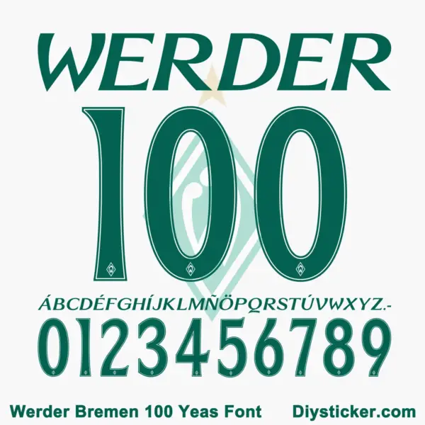Werder Bremen 100 Years font character map featuring dark green flared uppercase alphabet and numbers on light background