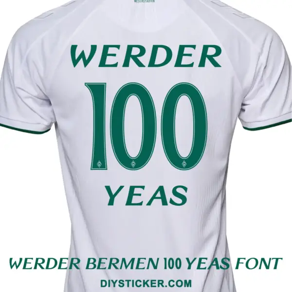 Rear view preview of white jersey printed with dark green Werder Bremen 100 Years font WERDER nameplate and number 100